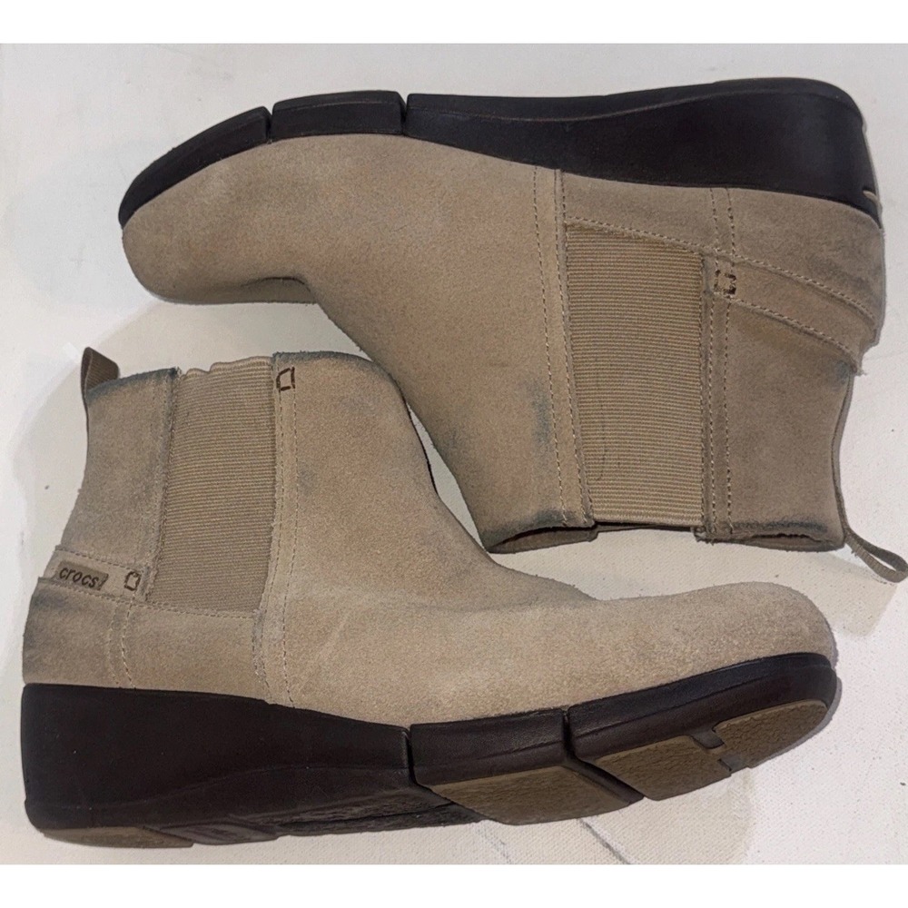 Crocs Stretch Sole Beige Suede Low Wedge Booties Boots USA Women's Size 9